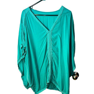 Turquoise V-Neck Lace Trim Poncho Swim Coverup Top approximate sz XL unbranded